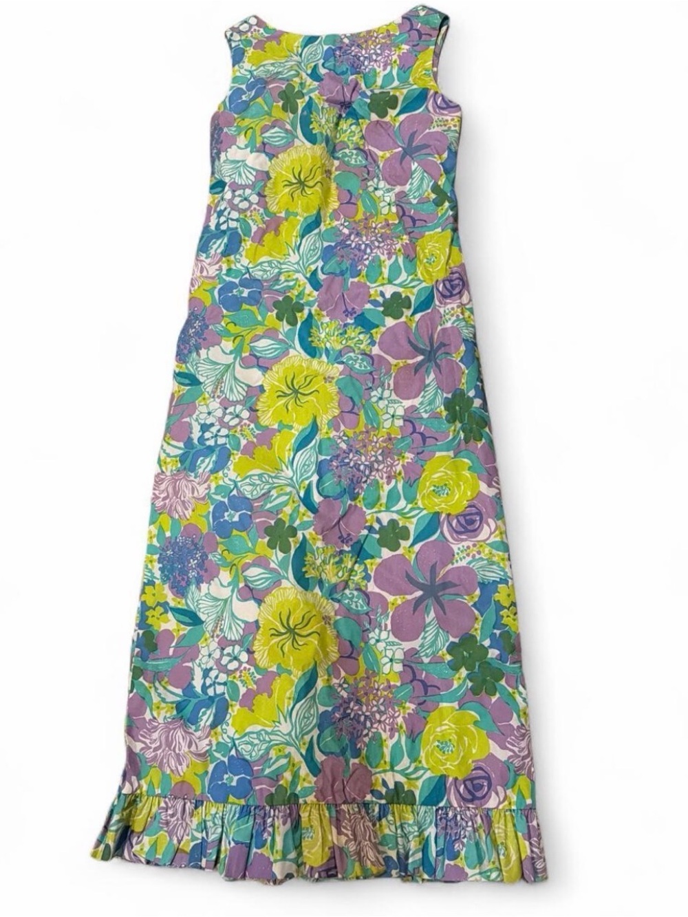 Vintage 1970s Vanda Key West Hand Print Floral Maxi Dress Sz10 Flower Ruffle Hem